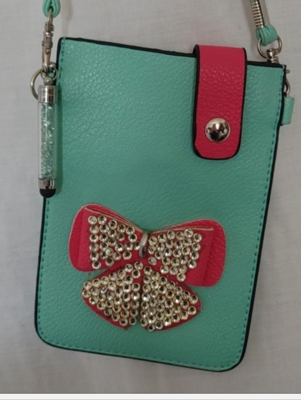 Mint Green Crossbody Phone Bag with Pink Bow Accent